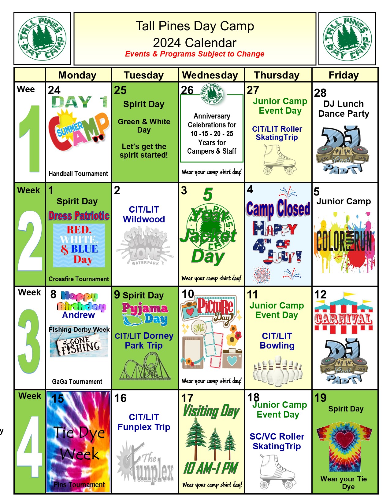 Tall Pines Day Camp Calendar and Athletic Tournaments